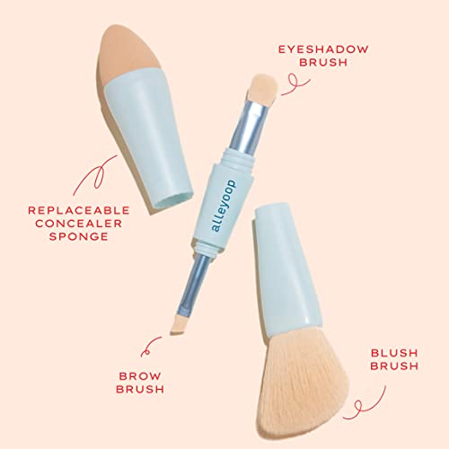 Alleyoop Multi-Tasker 4-in-1 Travel Makeup Brush – All-in-One Makeup Sponge, Eyeshadow, Eyebrow, Liner & Blush Blending Brush for Foundation, Concealer, & Powder – Buildable Coverage – Vegan, Dual-Ended & Travel-Friendly