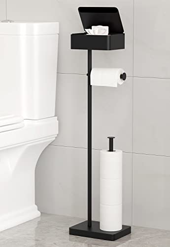 ALLZONE 3 in 1 Toilet Paper Holder Stand,Solid Free Standing Toilet Paper Holder with Shelf, Bathroom Toilet Paper Holder with Storage for 4 Rolls, Matte Black Toilet Paper Roll Holder for Tissue