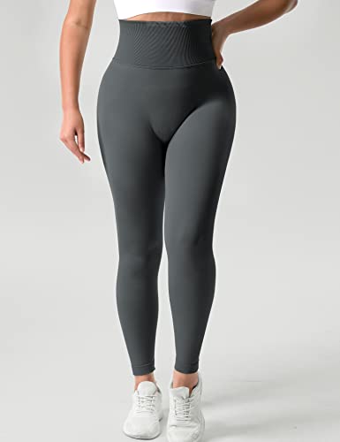 QOQ Women's Scrunch Seamless Leggings High Waisted Gym Yoga Pants Booty Lifting Workout Slimming Tights Dark Grey L