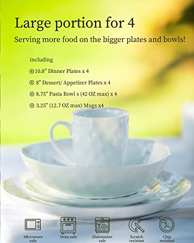 HOMBENE White Dinnerware Set Large,16 Piece Service for 4, High-fired at 2372°F, Porcelain Plates and Bowls Sets for Dessert Salad and Pasta, Dishes Set w/Mugs