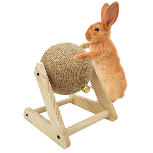 Rabbit Scratcher Toy Natural Sisal Rabbit Scratching Ball Wooden Bunny Scratch Toy with Ball for Indoor Rabbits Bunnies Ferrets Chinchillas Kittens Small Animals (Small)