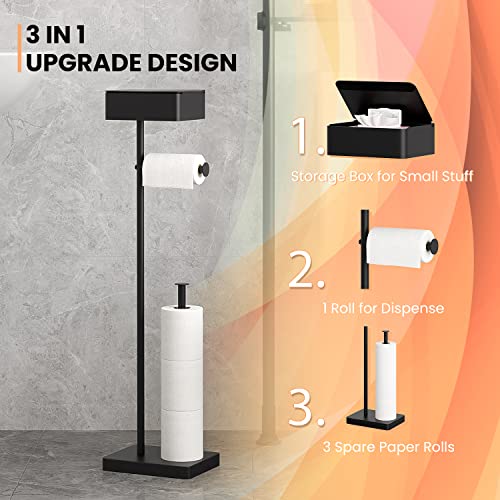 ALLZONE 3 in 1 Toilet Paper Holder Stand,Solid Free Standing Toilet Paper Holder with Shelf, Bathroom Toilet Paper Holder with Storage for 4 Rolls, Matte Black Toilet Paper Roll Holder for Tissue
