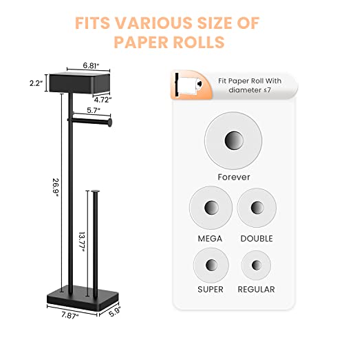 ALLZONE 3 in 1 Toilet Paper Holder Stand,Solid Free Standing Toilet Paper Holder with Shelf, Bathroom Toilet Paper Holder with Storage for 4 Rolls, Matte Black Toilet Paper Roll Holder for Tissue
