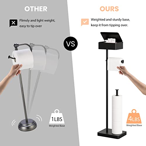 ALLZONE 3 in 1 Toilet Paper Holder Stand,Solid Free Standing Toilet Paper Holder with Shelf, Bathroom Toilet Paper Holder with Storage for 4 Rolls, Matte Black Toilet Paper Roll Holder for Tissue
