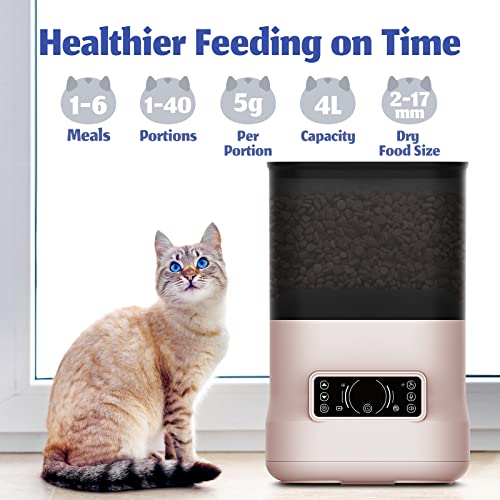 DOGNESS Automatic Cat Feeder, Timed Auto Dog Feeders with Dual Power Supply Pet Food Dispenser with Clog-Free Design, Easily Programmable Timer for 1-6 Meals,1-40 Portions Daily,Voice Recorder,4L Pink