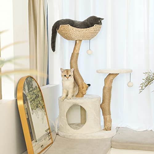 KONELCARE Modern Luxury Cat Tree for Indoor Small Cats - Real Wood Cat Tower with Scratch Post, Hanging Toy - Tree Branch Cat Condo - Cat Climbing Furniture with Cat Hiding Enclosure