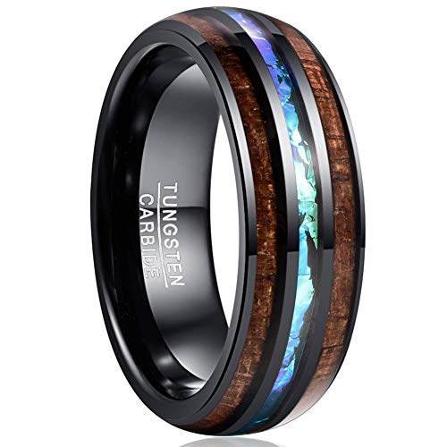 Vakki Koa Wood Rings for Men Women 8mm Black Dome Tungsten Promise Bands with Blue Center Size 13