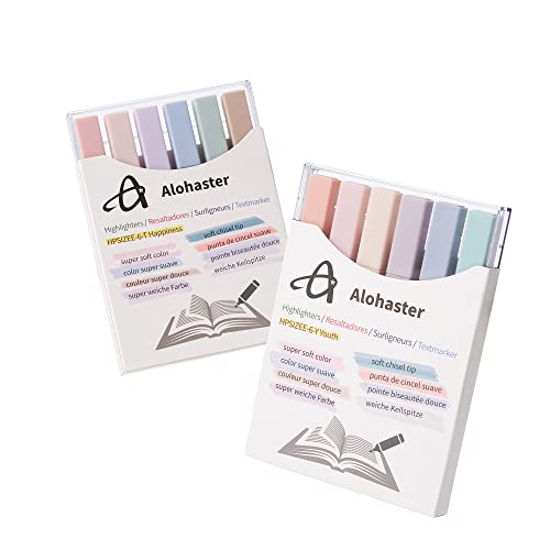 Alohaster HPSIZEE Aesthetic Cute Highlighters Mild Assorted Colors With Soft Chisel Tip, No Bleed Dry Fast Easy to Hold, for Journal Bible Planner Notes School Office Supplies, 6 Pack - Happiness