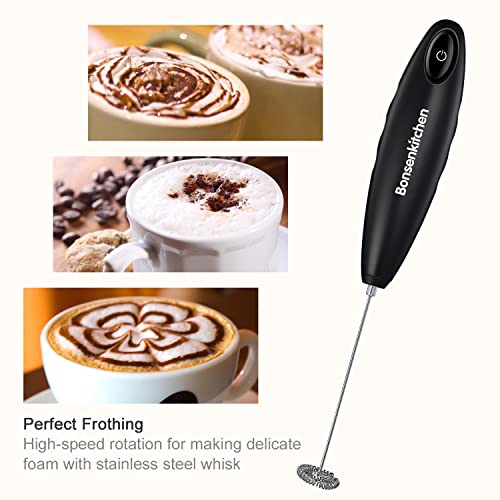 Bonsenkitchen Handheld Milk Frother, Electric Hand Foamer Blender for Drink Mixer, Perfect for Bulletproof coffee, Matcha, Hot Chocolate, Mini Battery Operated Milk Whisk Frother (Batteries Included)