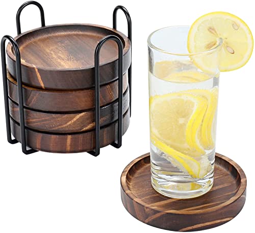 Wooden Coasters for Drinks - Natural Paulownia Wood Drink Coaster Set for Drinking Glasses, Tabletop Protection for Any Table Type, Set of 5 - Dia 4.3 x 4.3 x 0.8 Inches