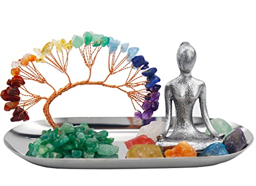 Meditation Accessories, Zen Spiritual Decor, 7 Chakra Crystal Tree Healing Stones and Yoga Statues, for Living Room, Office, Shelves, Mantle Decor, Birthday Gifts for Women