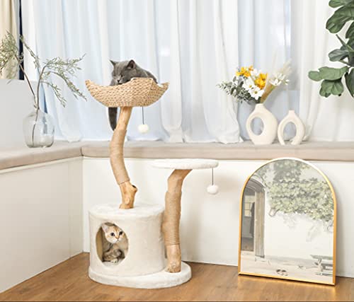 KONELCARE Modern Luxury Cat Tree for Indoor Small Cats - Real Wood Cat Tower with Scratch Post, Hanging Toy - Tree Branch Cat Condo - Cat Climbing Furniture with Cat Hiding Enclosure