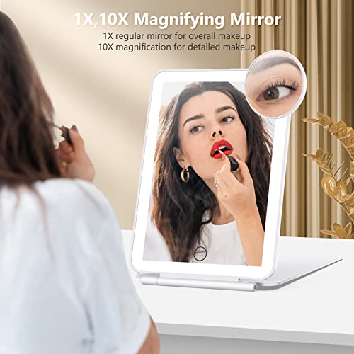 Travel Makeup Mirror with 10X Magnifying Mirror, Vanity Mirror with 80LEDs, 3 Color Lighting, Rechargeable 2000mAh Batteries, Portable Ultra Slim Lighted Makeup Mirror, Travel Essentials for Women