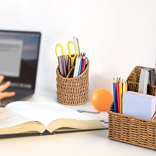 DINGTAI Woven Pen Holders Wicker Pencil Holder 3 Compartments Pen Holders for Desk Pencil Holders Pencil Cups for Office & Home Woven Desk Organizer Pen Holders