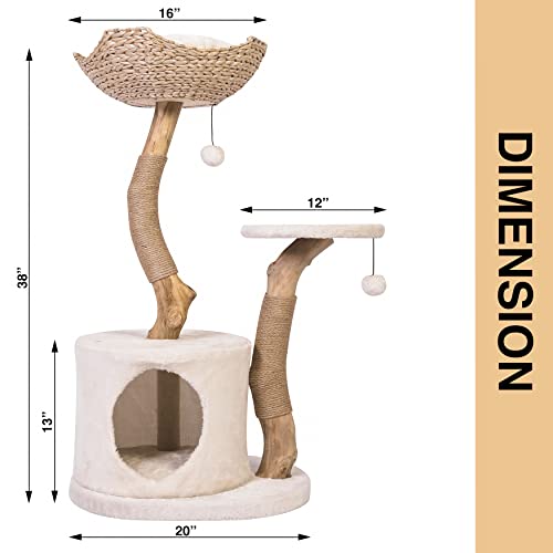 KONELCARE Modern Luxury Cat Tree for Indoor Small Cats - Real Wood Cat Tower with Scratch Post, Hanging Toy - Tree Branch Cat Condo - Cat Climbing Furniture with Cat Hiding Enclosure