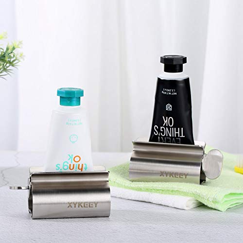 XYKEEY Toothpaste Tube Squeezer - Set of 2 Toothpaste Squeezer Rollers, Metal Toothpaste Tube Wringer Seat Holder Stand (Stainless Steel)