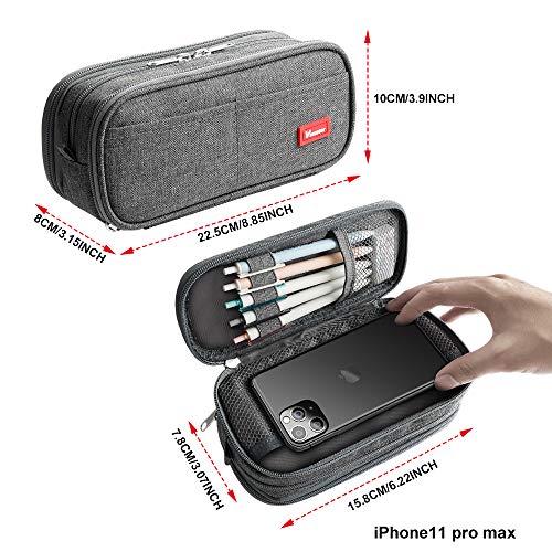 Large Pencil Case Big Capacity Pencil Bag Large Storage Pouch 3 Compartments Desk Organizer Marker Pen Case Simple Stationery Bag Pencil Holder (Gray)