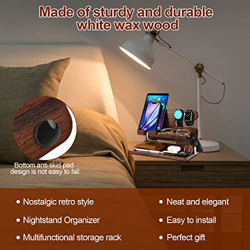 Wood Phone Docking Station, Gifts for Father, Nightstand Organizer, Husband Birthday Gifts, Phone Docking Station for Men Wood Nightstand Organizer (Brown)