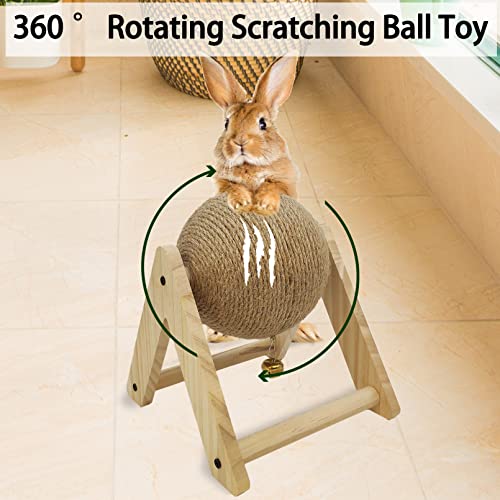 Rabbit Scratcher Toy Natural Sisal Rabbit Scratching Ball Wooden Bunny Scratch Toy with Ball for Indoor Rabbits Bunnies Ferrets Chinchillas Kittens Small Animals (Small)
