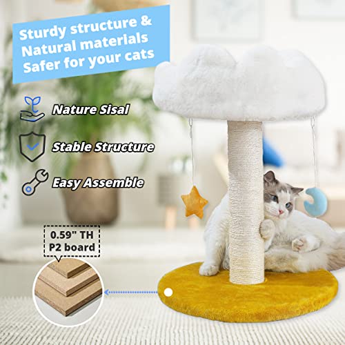 Happi N Pets Cloud Cat Scratching Post with Bed, Cat Tree for Indoor Cats, Nature Sisal Cat Scratcher with Cat Cozy Fluffy Perch for Kitten & Adult Cats, Small Cat Tower with Balls, Stable Cat Stand