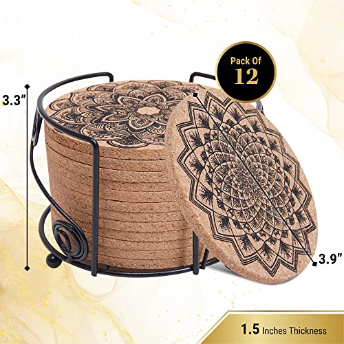 HOMEARA12 Pcs Mandala Cork Coasters for Drinks Absorbent with Holder - Perfect Non Stick Heat Resistant Soft Cup Mats for CoffeeTable - Home Decor New Year Present Box