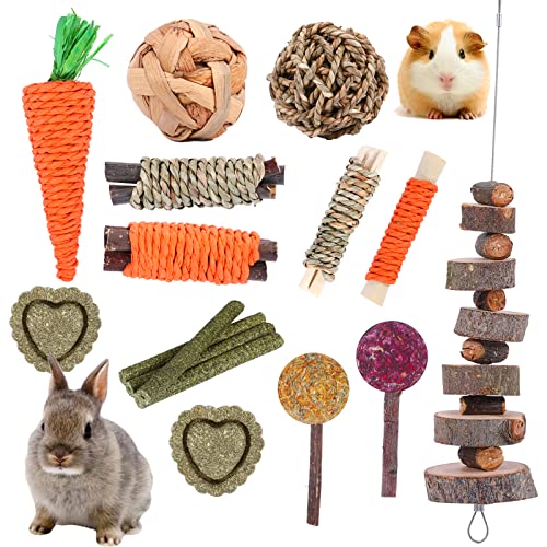 Rabbit Chew Toys 16PCS Bunny Toys for Rabbits Guinea Pig Toys Natural Timothy Hay Sticks Chinchilla Toys for Teeth Handmade Bunny Treats Gift Apple Wood Sticks Hamster Rat Gerbil Teeth Care