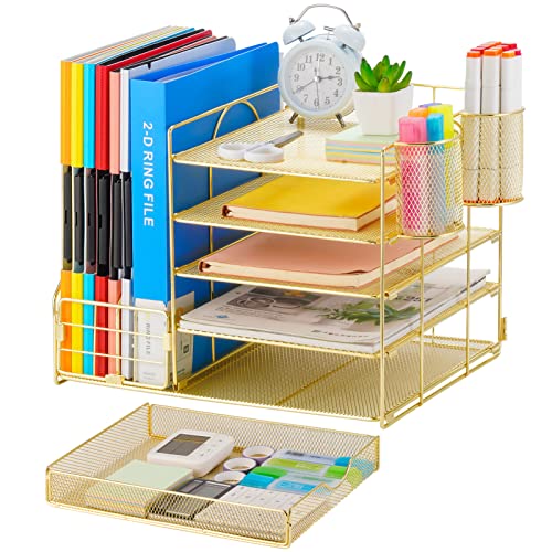 Marbrasse Gold Desk Organizer with File Holder, 5-Tier Paper Letter Tray Organizer with Drawer and 2 Pen Holder, Mesh Desktop Organizer and Storage
