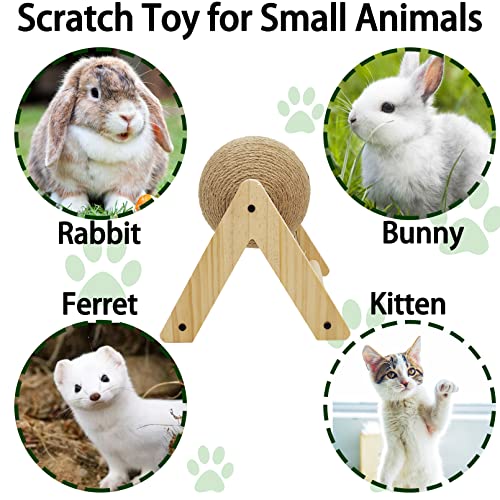 Rabbit Scratcher Toy Natural Sisal Rabbit Scratching Ball Wooden Bunny Scratch Toy with Ball for Indoor Rabbits Bunnies Ferrets Chinchillas Kittens Small Animals (Small)