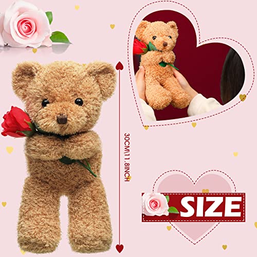 Civaner Plush Stuffed Animal Bear with Rose Funny Cute Stuffed Animal Plush Valentine's Day Gifts for Kids Toddler Girlfriend Mother's Day, 11.8 Inches (Beige)