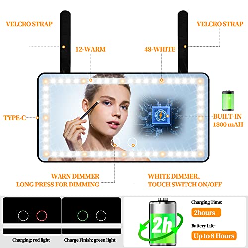 Car Sun Visor Vanity Mirror, Makeup Mirror with 3 Light Modes & 60 LEDs, Rechargeable Led Light Car Mirror with Dimmable Touch Screen, Rear View Sun-Shading Travel Cosmetic Mirror for Car Truck SUV