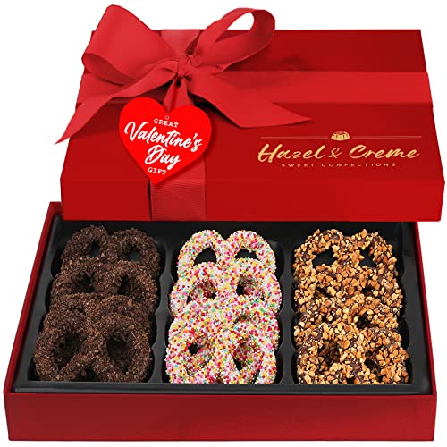 Hazel & Creme Chocolate Covered Pretzel Gift Box - Valentines Gourmet Pretzels - Food Gift - Anniversary, Birthday, Corporate, Holiday Gourmet Gift
