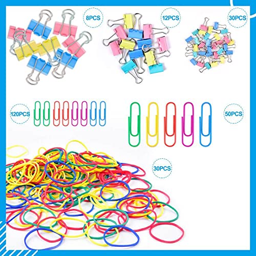 Binder Clips Paper Clips, Sopito 300pcs Colored Office Clips Set with Paper Clamps Paperclips Rubber Bands for Office and School Supplies, Assorted Sizes
