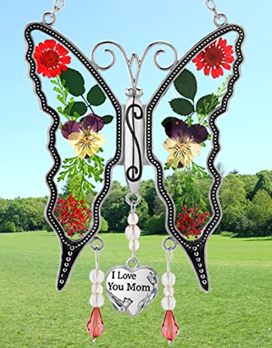 Butterfly Sun-Catchers Gifts for Mother, Pressed Flower Between Wings Glass for Window, Silver Metal Engraved Charm, as Mother's Valentine's Day Day Mom Birthday Gifts (I Love You Mom)