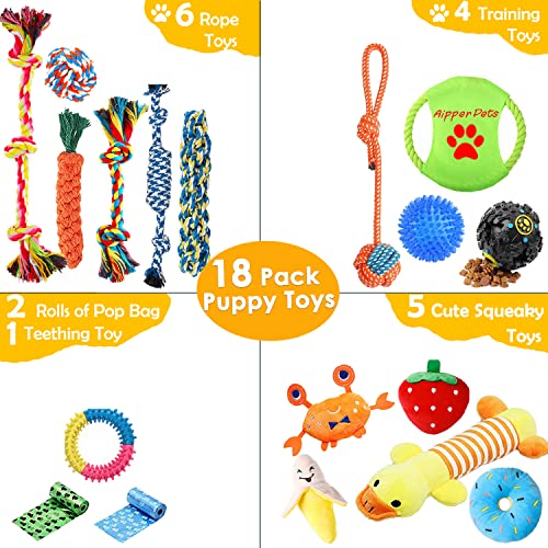 Aipper Dog Puppy Toys 18 Pack, Puppy Chew Toys for Fun and Teeth Cleaning, Dog Squeak Toys, IQ Treat Ball, Tug of War Toys, Puppy Teething Toys, Dog rope toys pack for Medium to Small Dogs