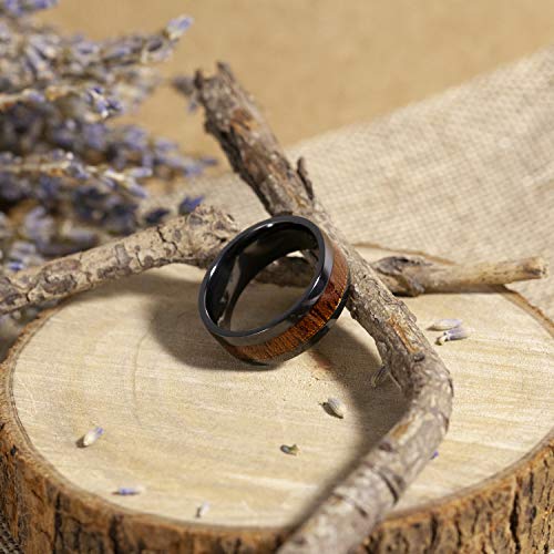 LerchPhi Mens 8mm Black Zirconium Ring Wedding Band with Koa Wood Inlay Promise Ring for Him Comfort Fit