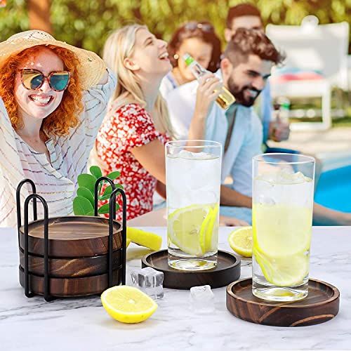 Wooden Coasters for Drinks - Natural Paulownia Wood Drink Coaster Set for Drinking Glasses, Tabletop Protection for Any Table Type, Set of 5 - Dia 4.3 x 4.3 x 0.8 Inches