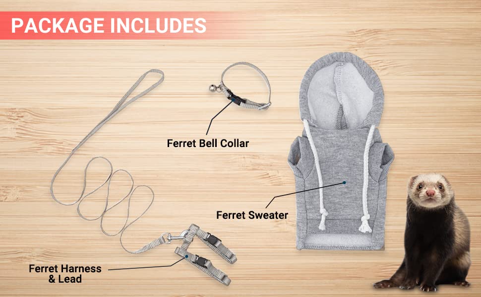 Ferret Sweater and Leash Bundle - Ferret Costume - Ferret Accessories - Small Ferret Clothes - Clothes for Ferrets - Ferret Stuff - Hoodies for Ferrets with Leash, Harness, and Collar