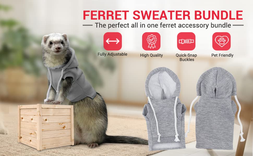 Ferret Sweater and Leash Bundle - Ferret Costume - Ferret Accessories - Small Ferret Clothes - Clothes for Ferrets - Ferret Stuff - Hoodies for Ferrets with Leash, Harness, and Collar