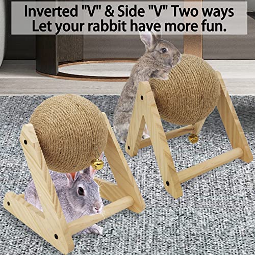 Rabbit Scratcher Toy Natural Sisal Rabbit Scratching Ball Wooden Bunny Scratch Toy with Ball for Indoor Rabbits Bunnies Ferrets Chinchillas Kittens Small Animals (Small)