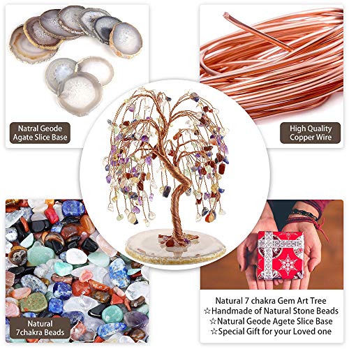 JOVIVI Natural 7 Chakra Healing Crystals Quartz Tree Tumbled Gemstone Stones Money Tree, Geode Agate Slices Base Feng Shui Ornaments Home Decoration for Wealth and Luck 5.5"-6.3"