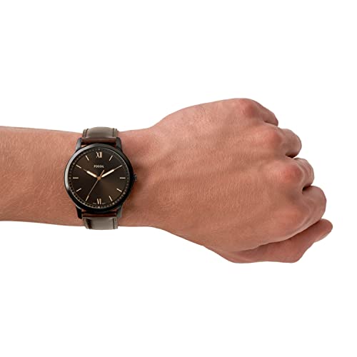 Fossil Men's Minimalist Quartz Stainless Steel and Leather Three-Hand Watch, Color: Black/Dark Brown (Model: FS5551)