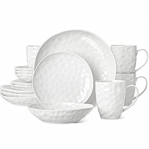 HOMBENE White Dinnerware Set Large,16 Piece Service for 4, High-fired at 2372°F, Porcelain Plates and Bowls Sets for Dessert Salad and Pasta, Dishes Set w/Mugs