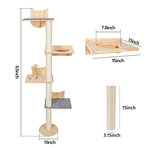 4 Tier 63 Inch Tall Wall Mounted Cat Furniture with 2pcs Non-Slip Carpet, Sisal Scratching Post and Cat Shelves Perch with Wood Track Toy Ball, Cat Climbing Tree Tower for Indoor Middle Large Kitten