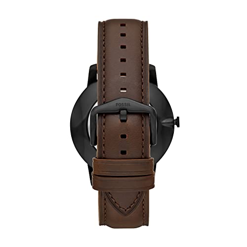 Fossil Men's Minimalist Quartz Stainless Steel and Leather Three-Hand Watch, Color: Black/Dark Brown (Model: FS5551)