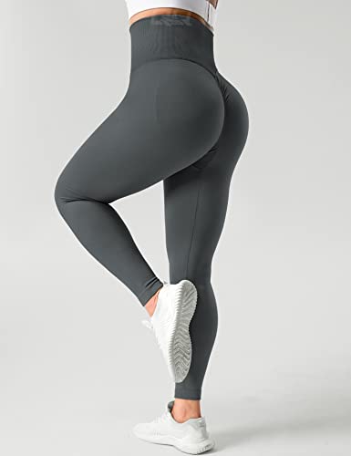 QOQ Women's Scrunch Seamless Leggings High Waisted Gym Yoga Pants Booty Lifting Workout Slimming Tights Dark Grey L