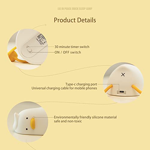 MUID Benson Lying Flat Duck Night Light, LED Squishy Duck Lamp, Cute Light Up Duck, Silicone Dimmable Nursery Nightlight, Rechargeable Bedside Touch Lamp for Breastfeeding, Finn The Duck.