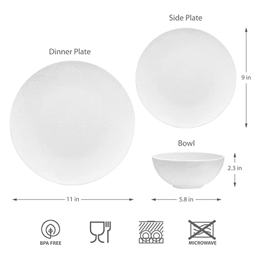 bzyoo BPA-Free Dishwasher Safe 100% Melamine Plastic La La Mandala Plate Bowl Set Best for Indoor and Outdoor Party (12 PCS Dinnerware set, Service for 4, La la Mandala -White)