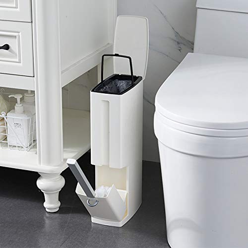 Cq acrylic Slim Plastic Trash Can 1.3 Gallon, Trash can with Toilet Brush Holder, 5 Liter Garbage Can with Press Top Lid, White Rectangular Modern Waste Can for Bathroom