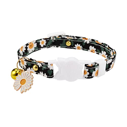 Anbeer Breakaway Cat Collar with Bells and Daisy Pendant Safety Kitten Collar Soft Adjustable Pet Collar for Boys and Girls Cats (Black)