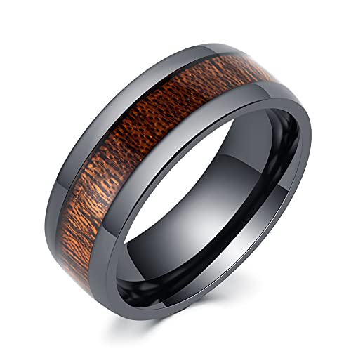 LerchPhi Mens 8mm Black Zirconium Ring Wedding Band with Koa Wood Inlay Promise Ring for Him Comfort Fit